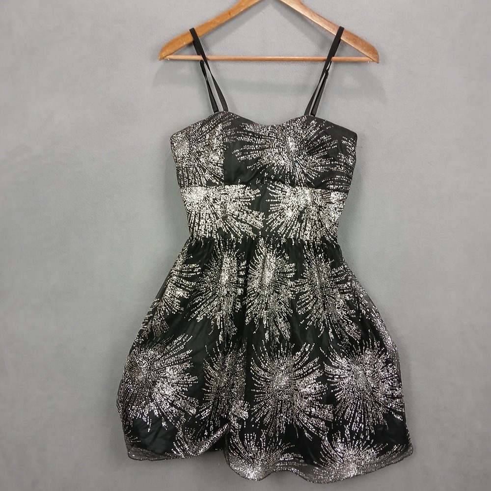 Snap Fit & Flare Dress Women 7 Black Glitter Floral Lined Adjustable Strap Party